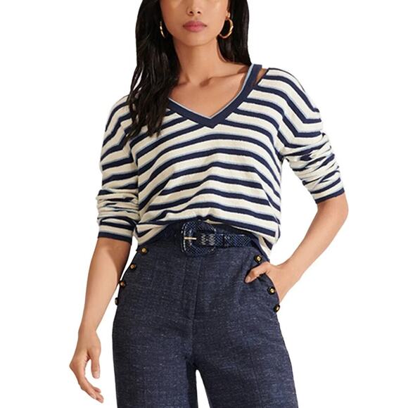 Veronica Beard Sweaters - *Damaged* Veronica Beard Herbie Slit Neck Striped V-Neck Sweater Medium Flawed*